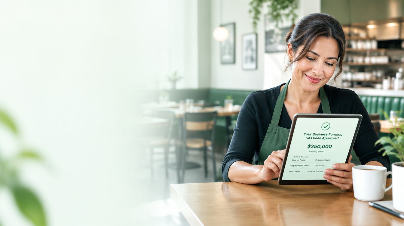 Restaurant owner smiling at her approved business funding on a tablet