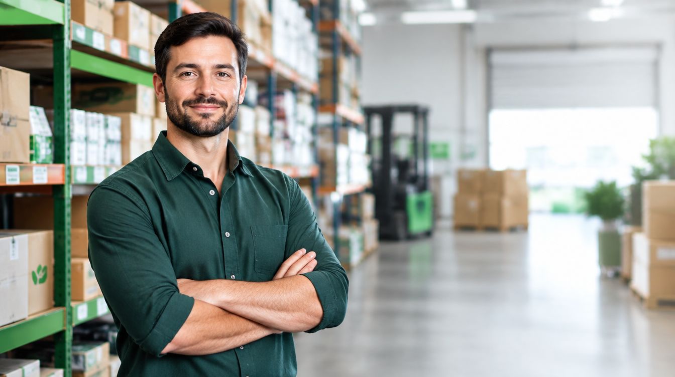 Business owner standing in his warehouse full of inventory